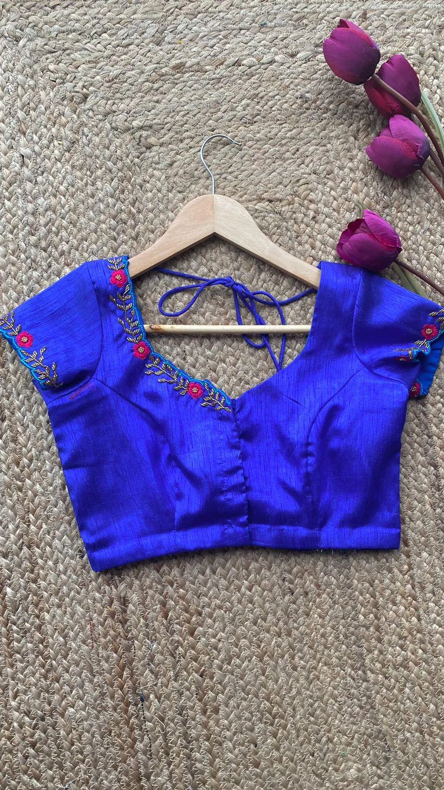 Royal Blue neck hand embroidery worked blouse