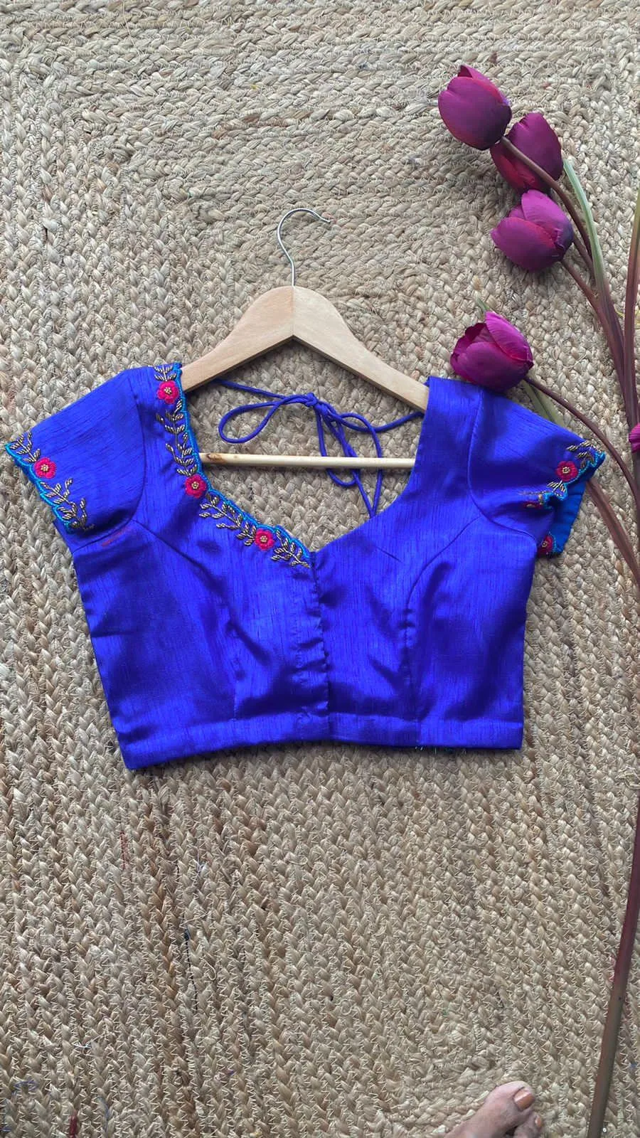 Royal Blue neck hand embroidery worked blouse