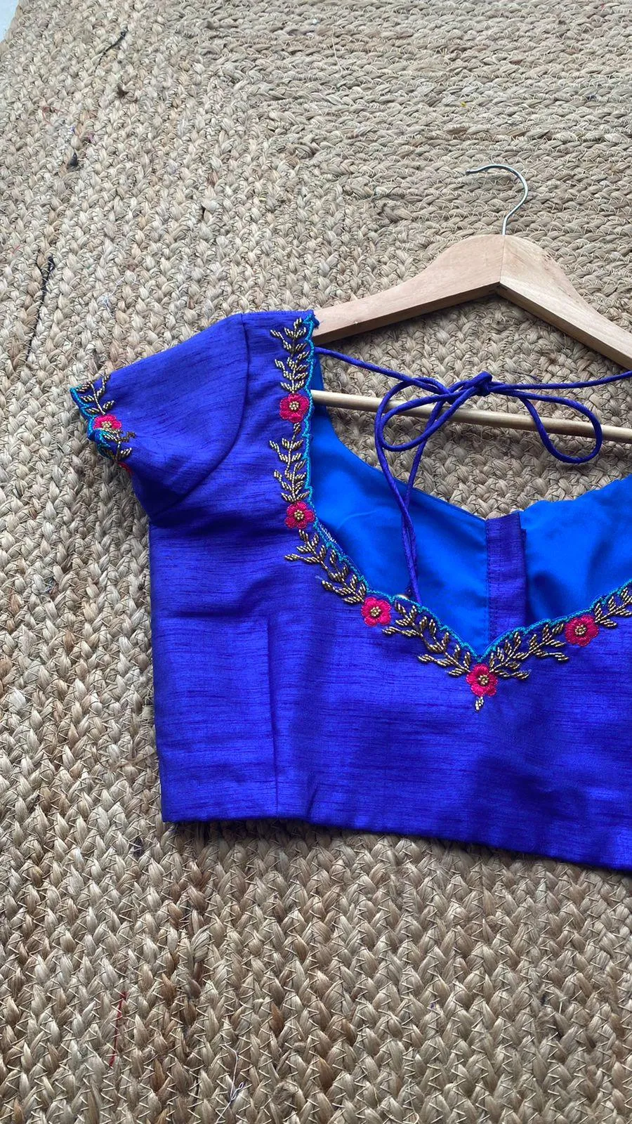 Royal Blue neck hand embroidery worked blouse