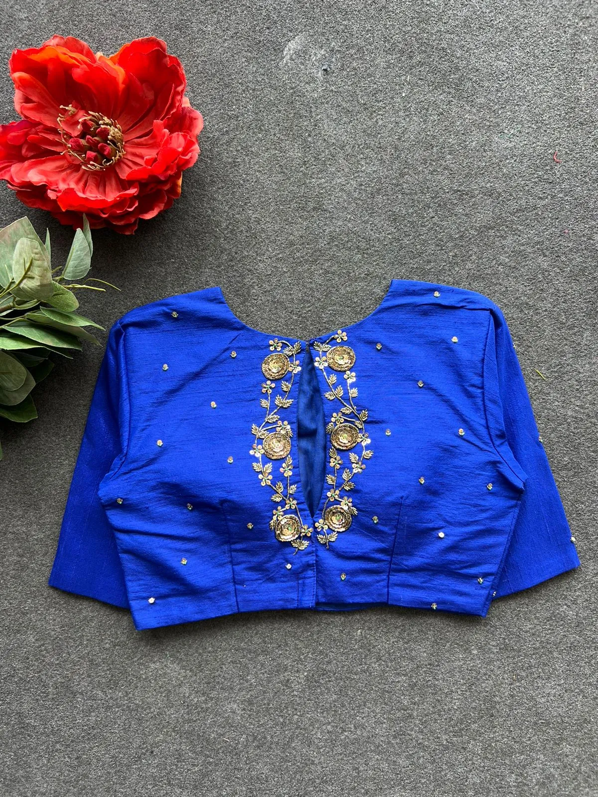 Royal blue silk intricate back hand work blouse