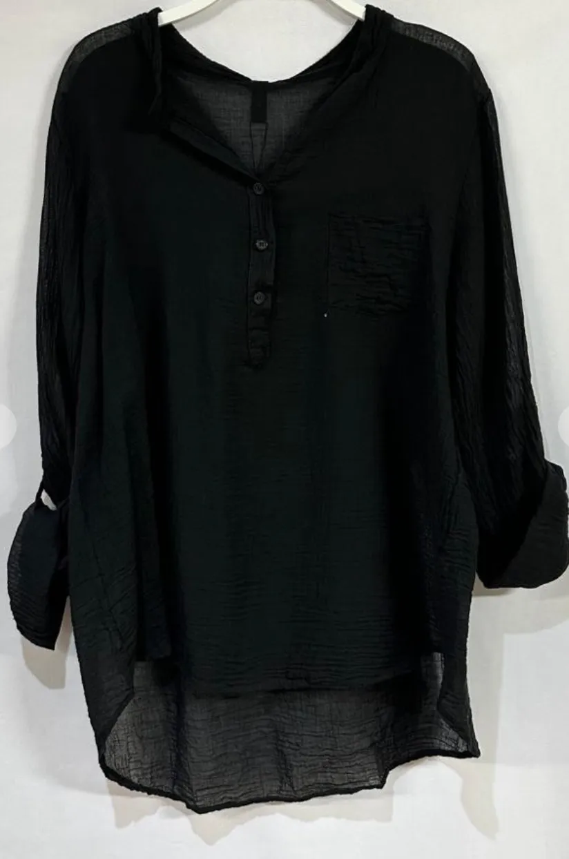 Solid Pocket Sheer Linen L/S Henley Top