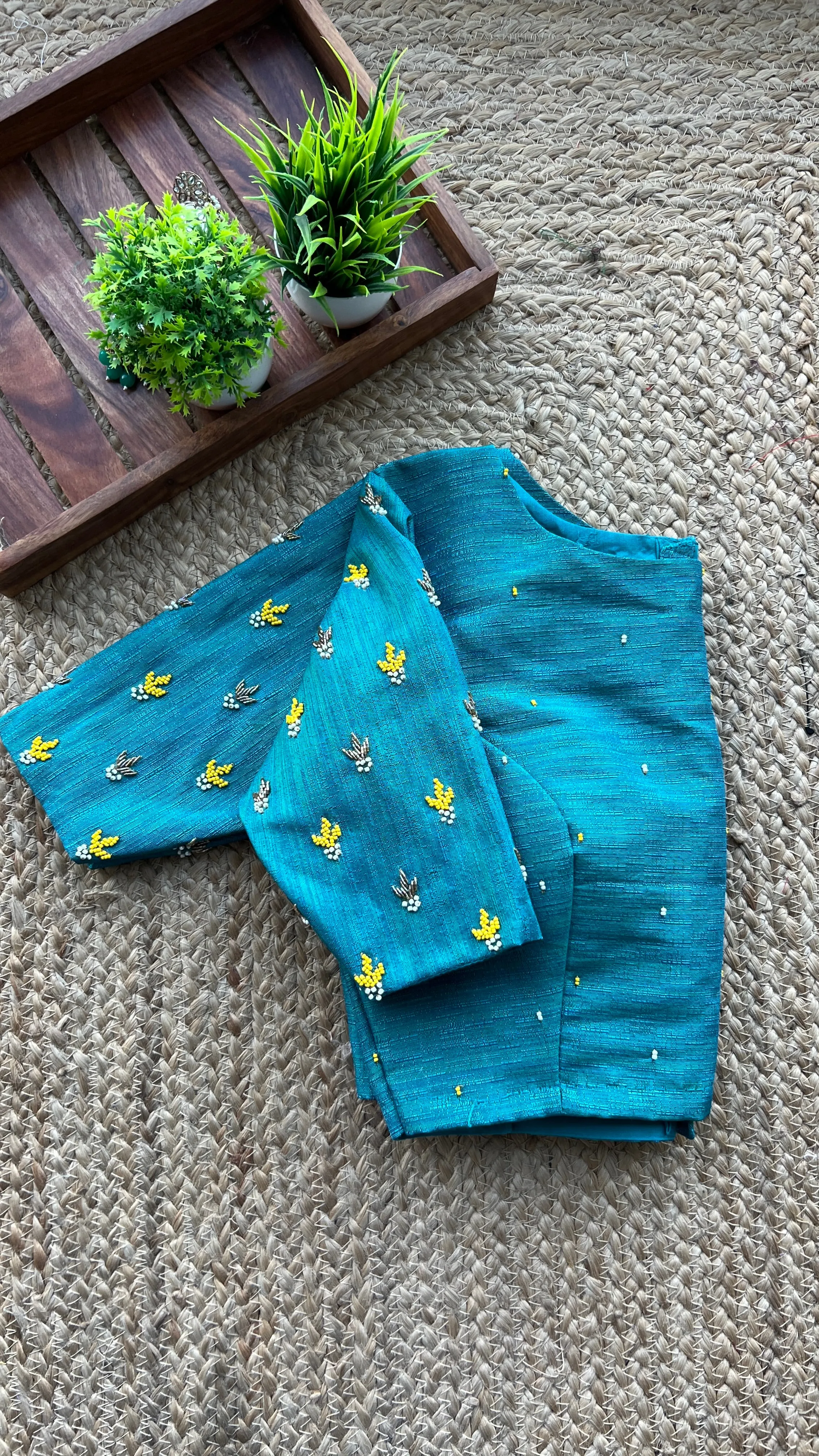 Tiffany blue silk hand worked blouse