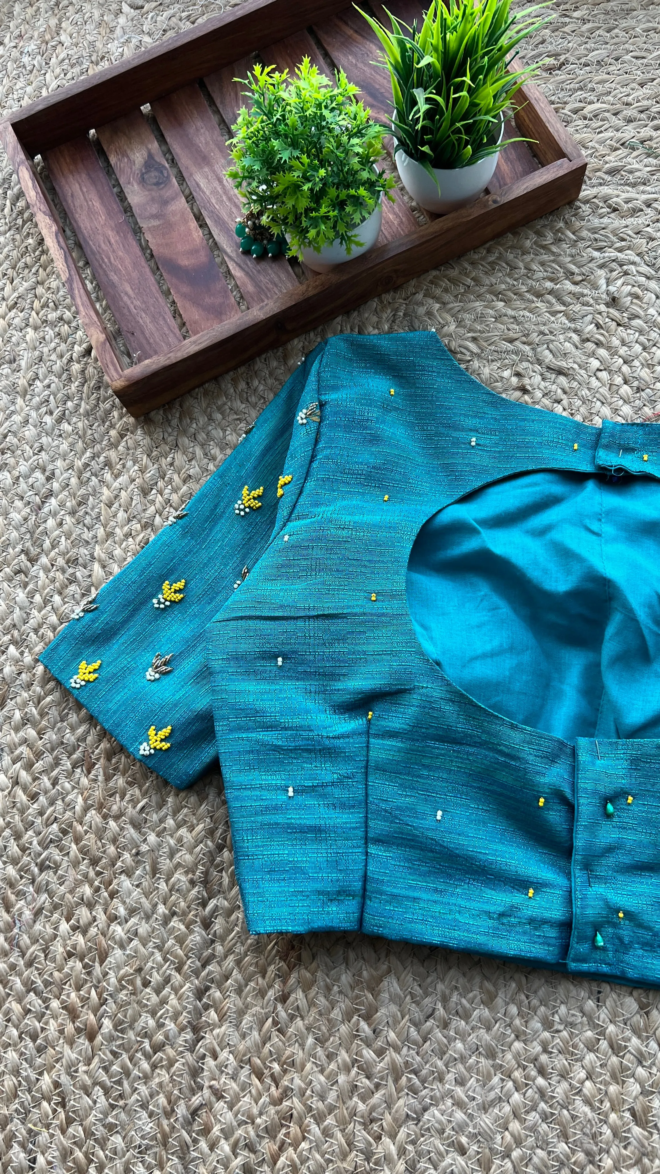 Tiffany blue silk hand worked blouse